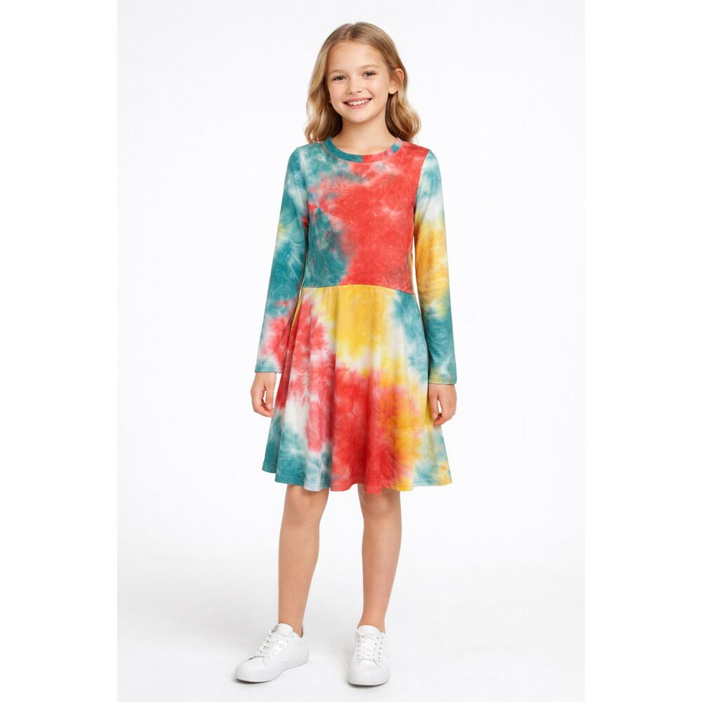 AQUA Girls L 8–10 Tie Dye LS Fit & Flare Dress Bloomingdale’s Exclusive